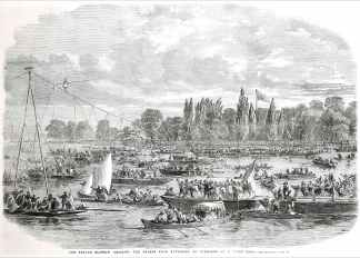 The Female Blondin Crossing the Thames from Battersea to Cremorne on a Tight Rope. - Antique Print from 1861