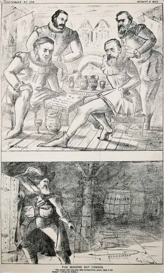 The Modern Guy Fawkes, "The Animal with long ears, after having drunk, gives a kick to the bucket." (From the Italian.) - Antique Print from 1873