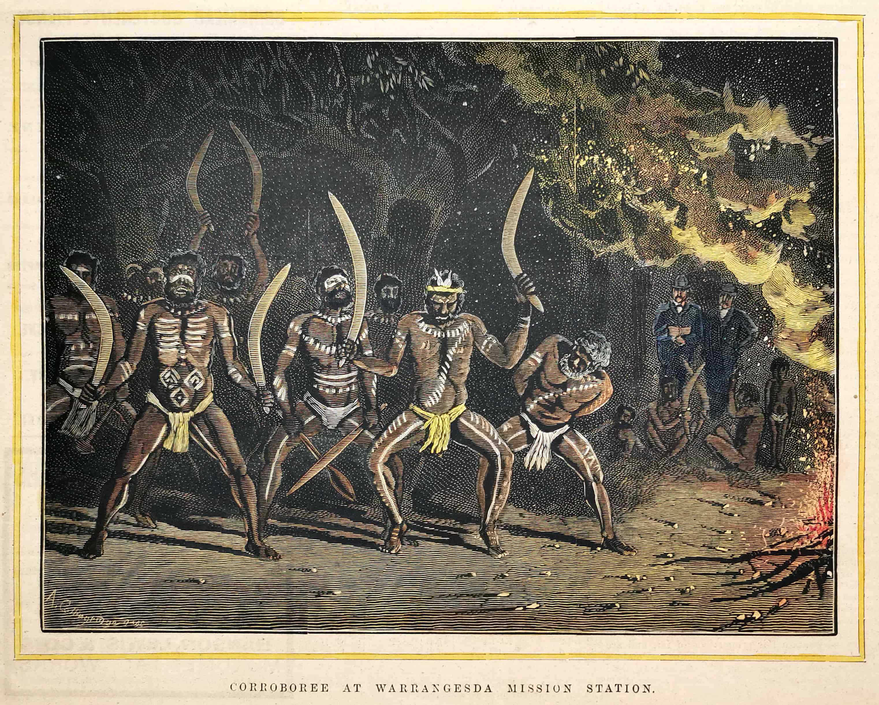 Corroboree at Warrangesda Mission Station. - Antique Print from 1883