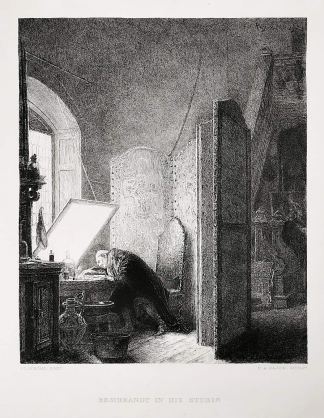 Rembrandt in his studio - Antique Print from 1880