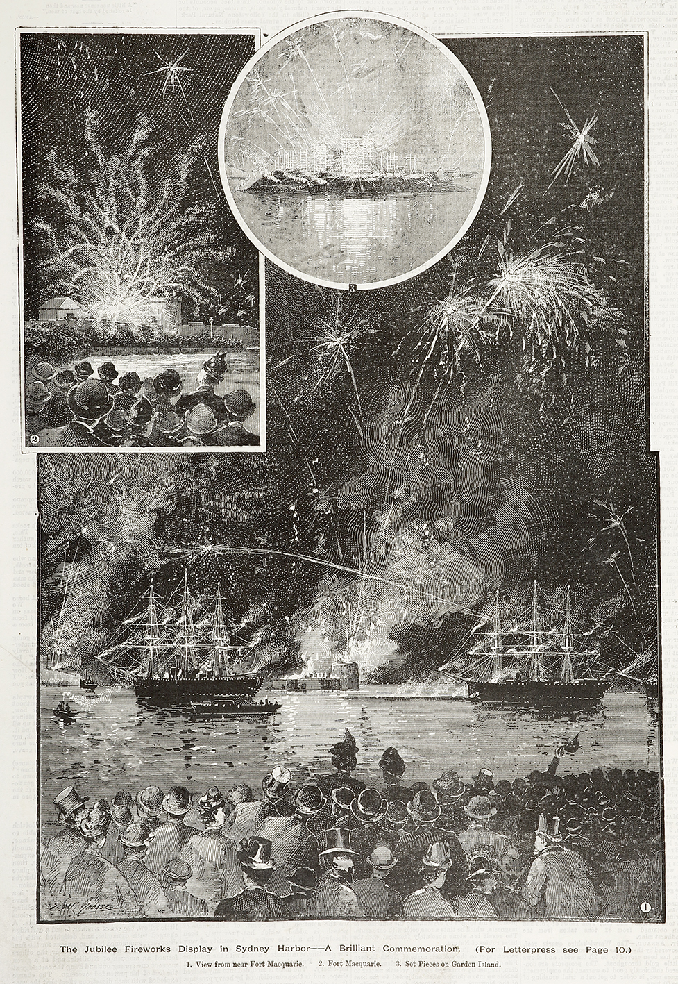 The Jubilee Fireworks display in Sydney Harbor - A Brilliant Commemoration. - Antique Print from 1887