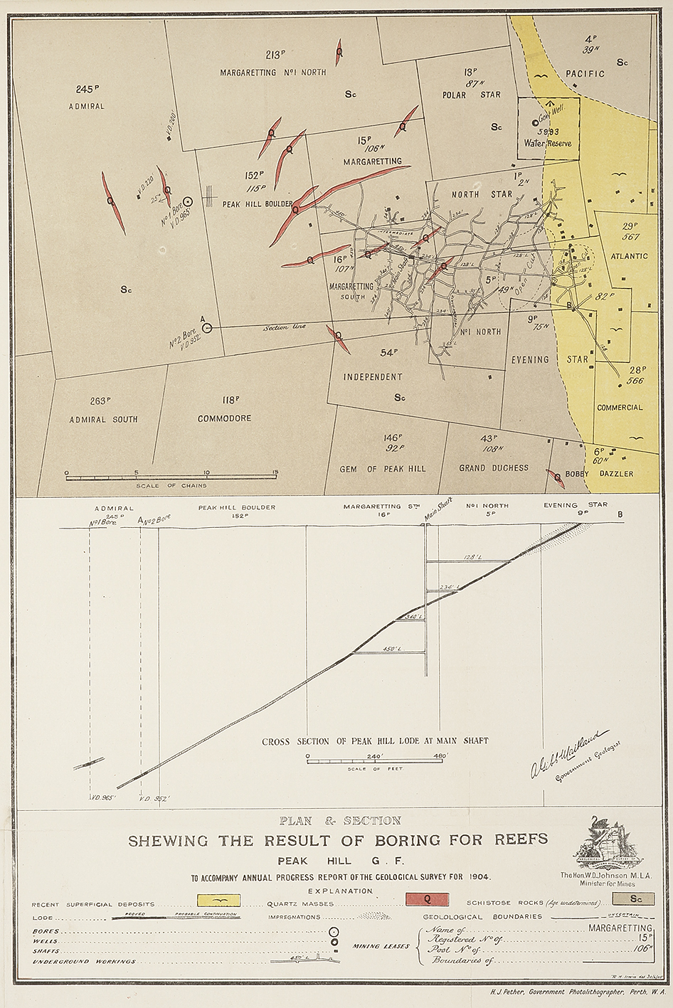 Plan & Section Shewing the Result of Boring Reefs Peak Hill G. F. - Antique Map from 1905