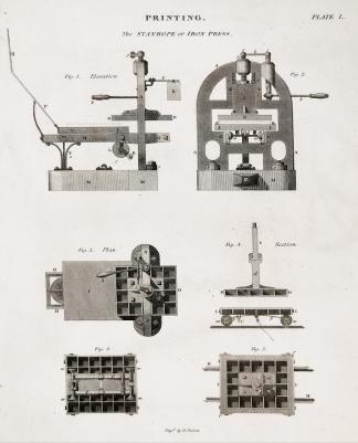 Printing. the Stanhope or iron press. - Antique Print from 1820
