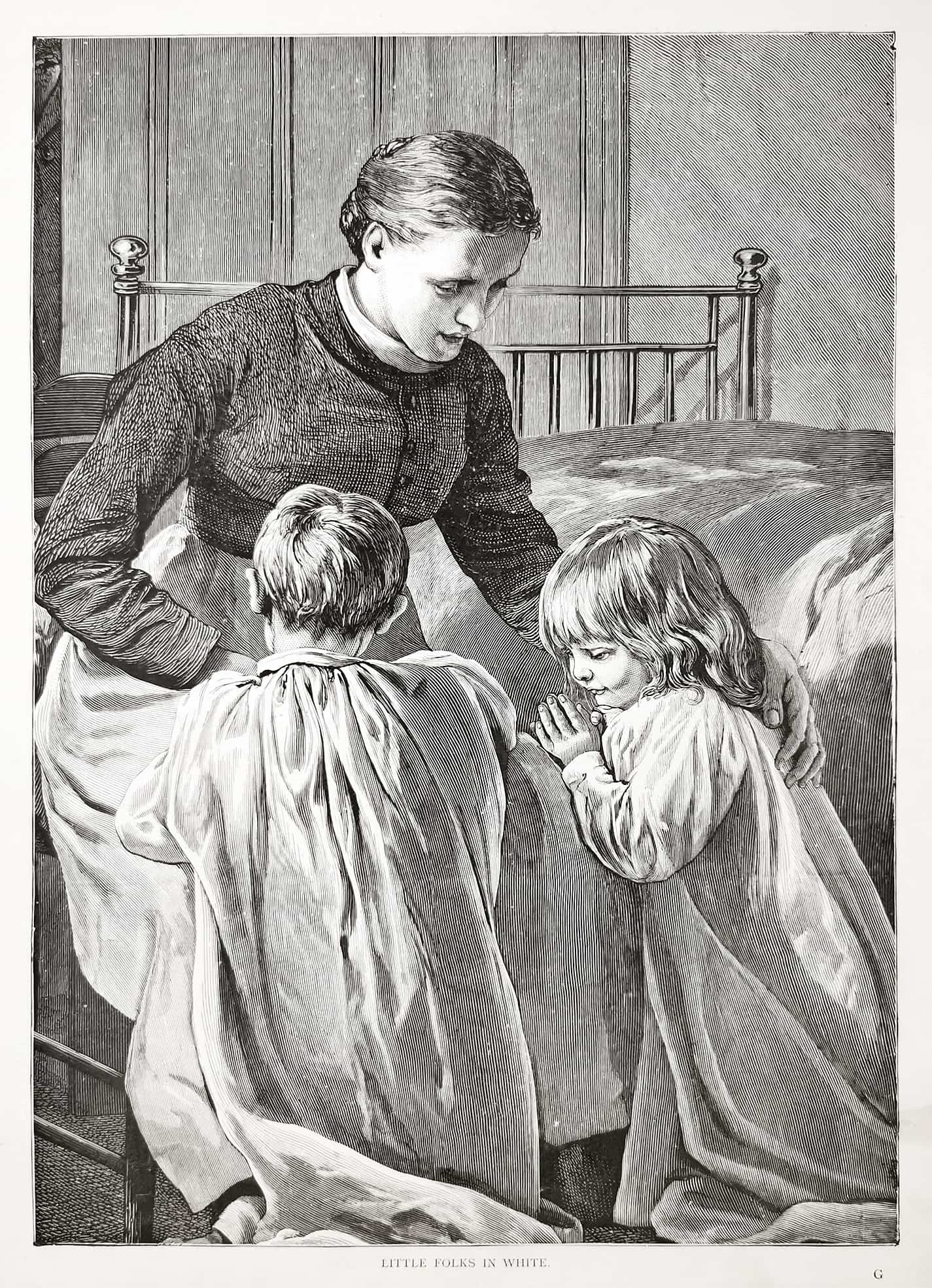 Little folks in white. - Antique Print from 1895