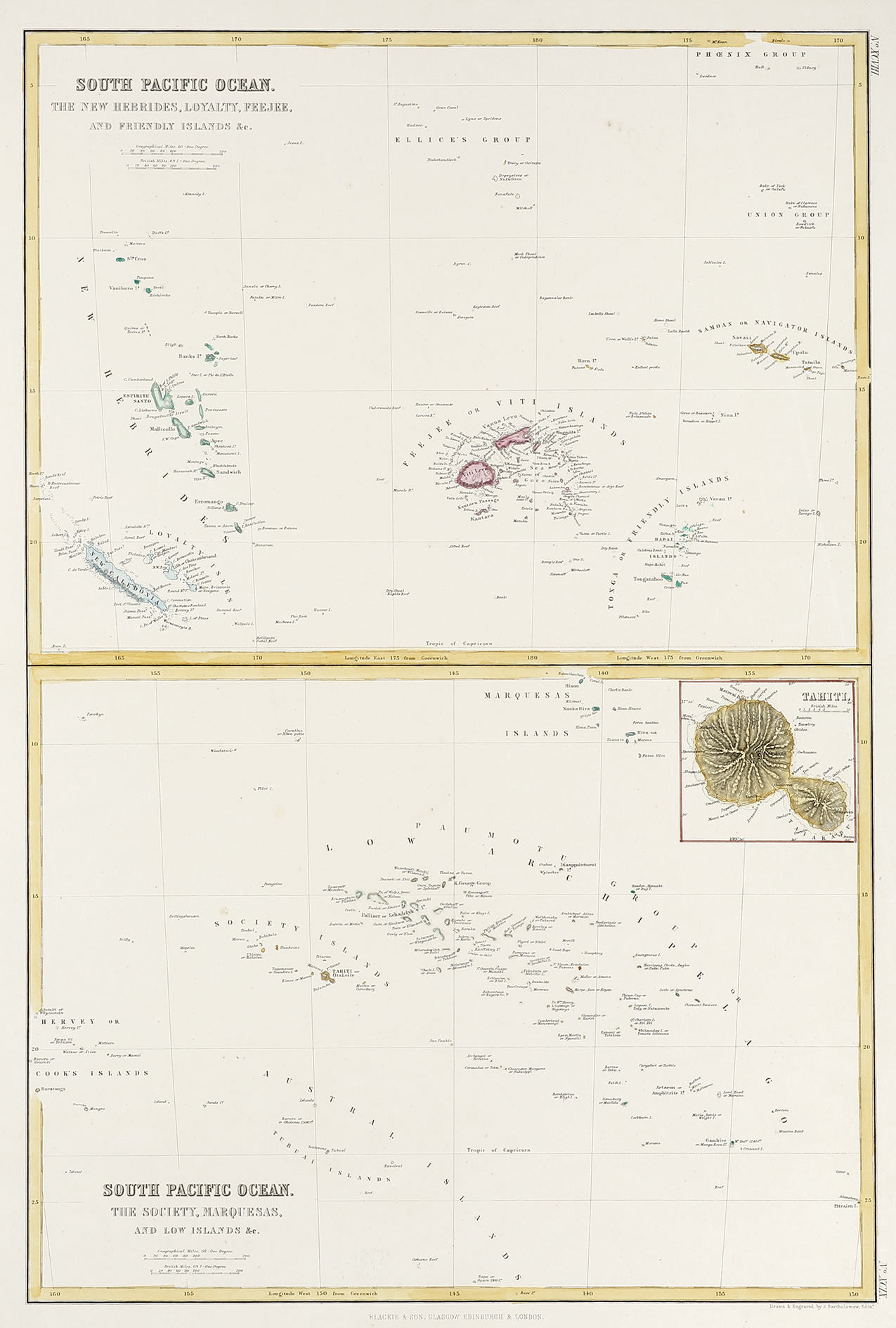 South Pacific. The New Hebrides, Loyalty, Feejee, and Friendly Islands &c. / The Society, Marquesas, and Low Islands &c. - Antique Map from 1860