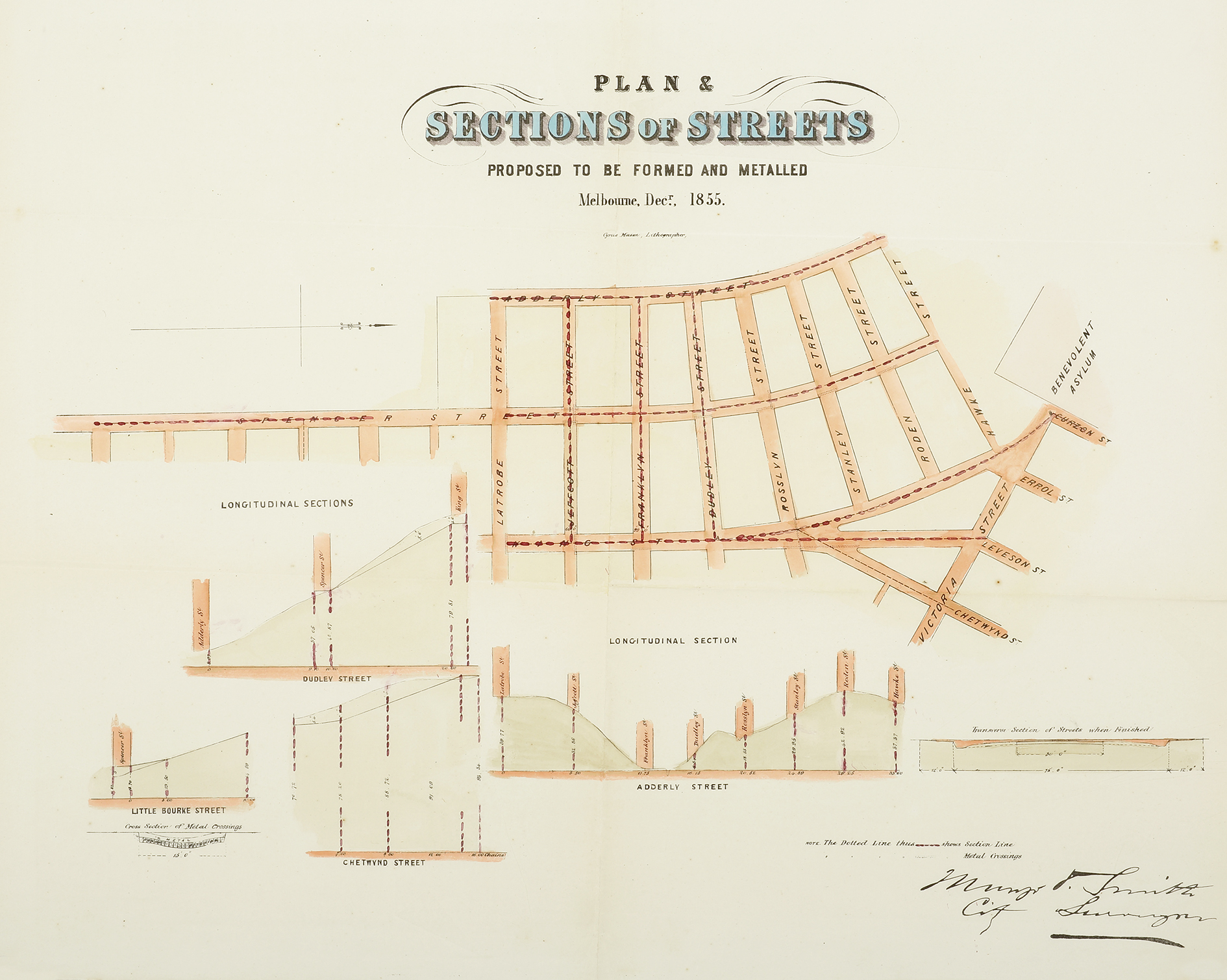 [MELBOURNE] Plan & Sections of Streets Proposed to be Formed and Metalled Melbourne. Decr. 1855. - Antique Map from 1856