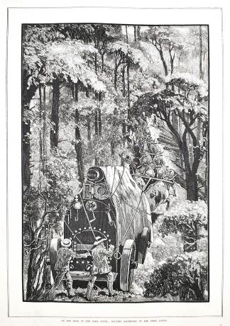 On the road to the dark river: hauling machinery up the Gibbo range. - Antique Print from 1883