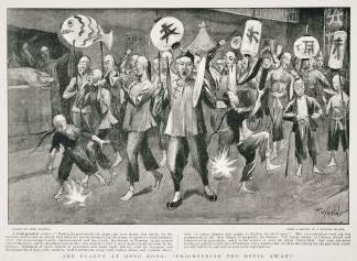 The Plague at Hong Kong: "Frightening the Devil Away!" - Antique View from 1901