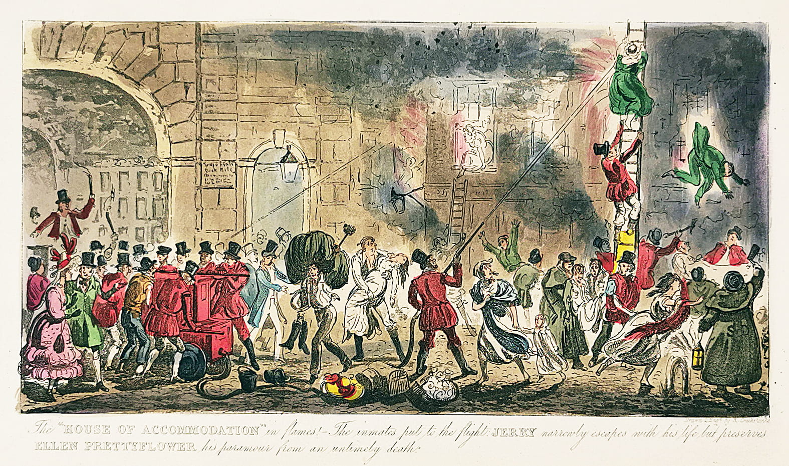 The 'House of Accommodation' in Flames! The Inmates put to flight - Antique Print from 1821