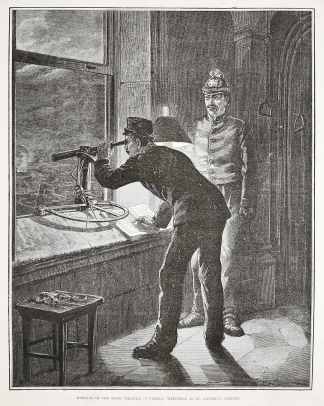 Burning of the Stadt Theatre at Vienna: Waatchman in St. Stephen's Steeple. - Antique View from 1884