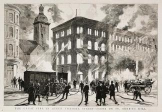 The Great Fire in Queen Victoria Street-Scene on St. Benet's Hill - Antique View from 1891
