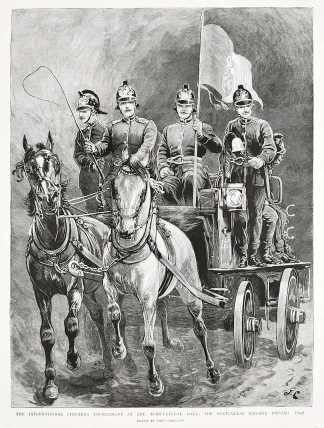 The International Firemen's Tournament at the Agricultural Hall: The Portuguese Brigade Driving Past - Antique View from 1893