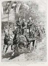 The Annual Inspection of the Metropolitan Fire Brigade in Battersea Park: Lord and Lady Carrington Watching the Gallop Past