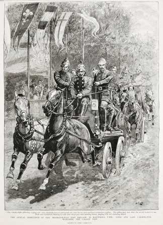 The Annual Inspection of the Metropolitan Fire Brigade in Battersea Park: Lord and Lady Carrington Watching the Gallop Past - Antique View from 1894