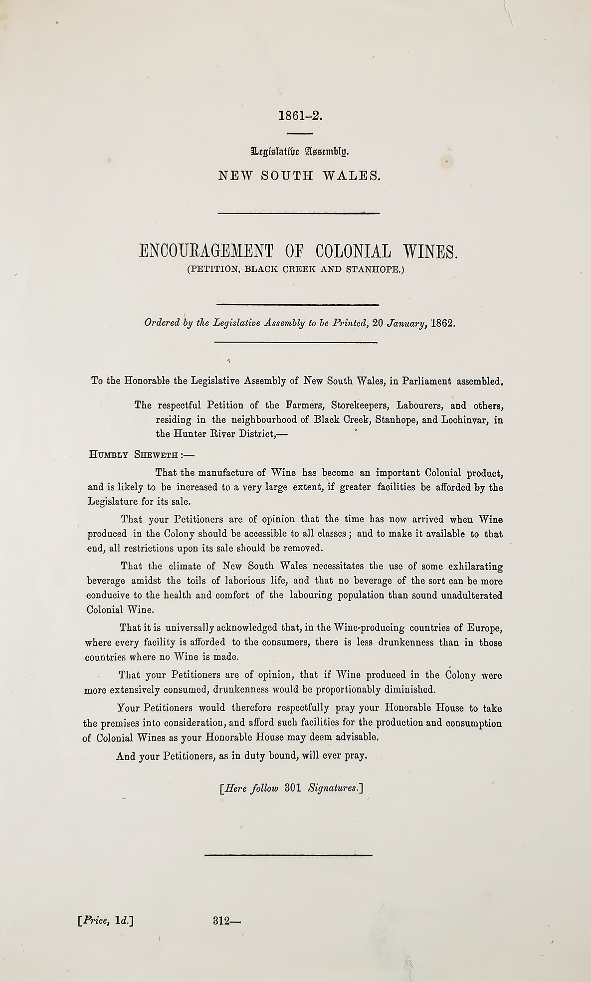 Petition-Encouragement of Colonial Wines. - Antique Ephemera from 1862
