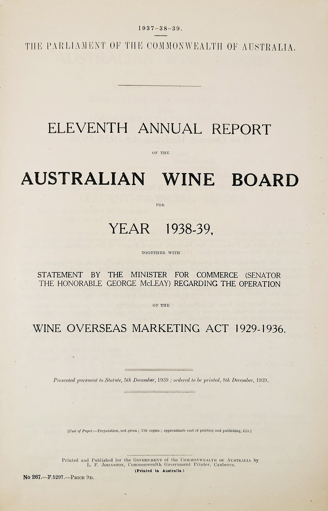 Eleventh Annual Report of the Wine Overseas Marketing Board - Vintage Ephemera from 1938
