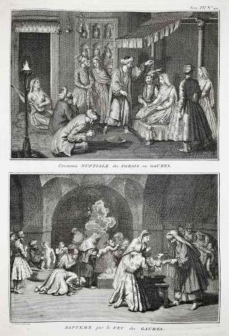 Ceremonie nuptiale des parsis ou gaures./ Bapteme par le feu des gaures. - Antique Print from 1789