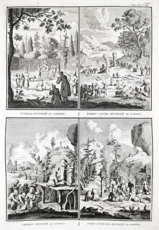 Jumala divinite des lapons./ Wirku-Accha divinite des lapons./ Thoron divinite des Lapons./ Stor-Junkare divinite des Lapons. - Antique Print from 1789