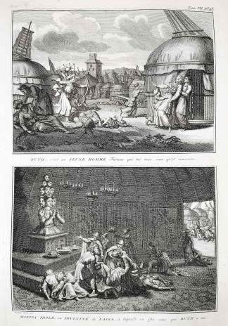 Buth; c'est un Jeune Homme Furieux qui tue tous ceux qu'il rencontre./ Manipa idole, ou divinite de Lassa, a laquelle on ofre ceux que buth a tue. - Antique Print from 1789