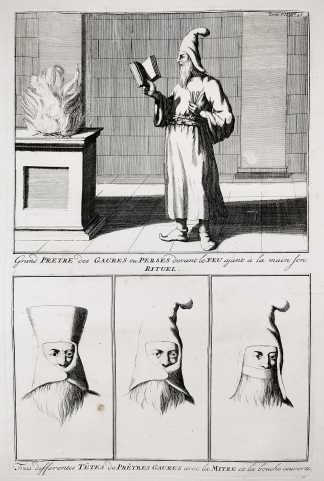 Grand petre des gaures ou perses devant le feu ajant a la main son rituel./ Trois differentes tetes de petres gaures avec la mitre et la bouche couverte. - Antique Print from 1789