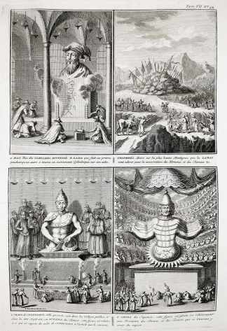 A Han Roi des Tartares Divinise./Trophees elevez sur les plus hautes montagnes, que les lamas yont adorer pour la conservation des Hommes et des Chevaux./L'image de confutius..../L'amida des Japonois... - Antique Print from 1789
