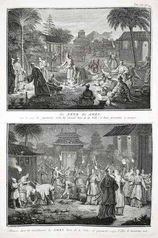 Le fete des ames vers le soir les japonnois yont les recevoir hors de la ville, et leurs presentent a manger. Maniere dont ils reconduisent les ames hors de la ville, et prennent conge d'elles le troisieme soir. - Antique Print from 1789