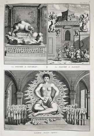 La pagode du Taureau. La pagode de Daybot. Daybot divinite Japonoise. - Antique Print from 1789