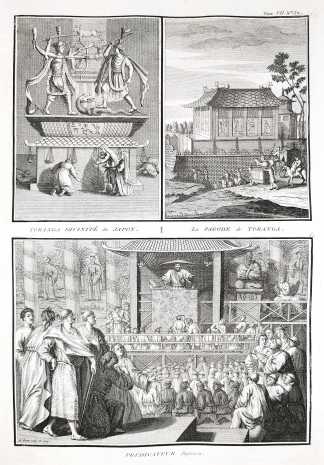 Toranga divinite du Japon. La pagode de Toranga. Predicateur Japonois. - Antique Print from 1789