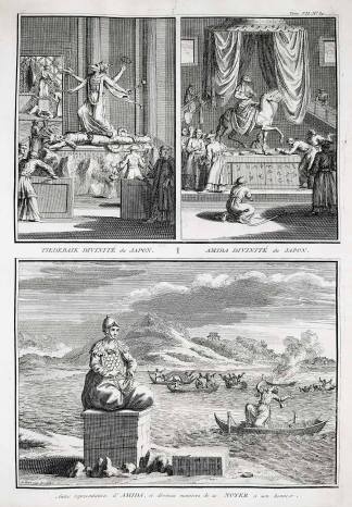 Tiedebaik Divinite du Japon. Amida Divinite du Japon. Autre representation d' Amida, et diverses manieres de se Noyer a son honneur. - Antique Print from 1789