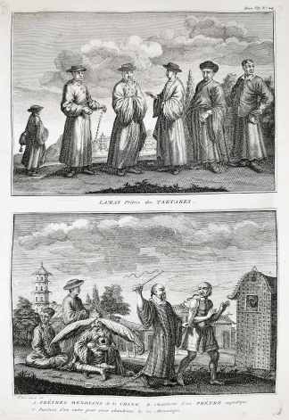 Lamas Pretres des Tartares. A. Pretres mendians de la chine. B. Chatiment d'un petre impudique. C. Punition d'un autre pour avoir abandonne la vie Monastique. - Antique Print from 1789
