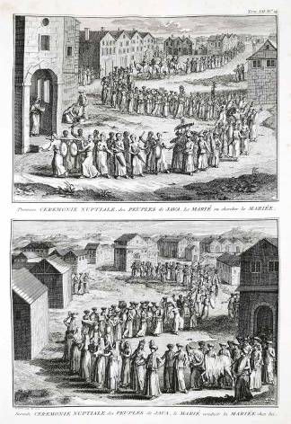 Premiere Ceremonie Nuptiale, des Peuples de Java. Le Marie va chercher la Mariee. Seconde Ceremonie Nuptiale, des Peuples de Java. Le Marie conduit la Mariee chez lui. - Antique Print from 1789