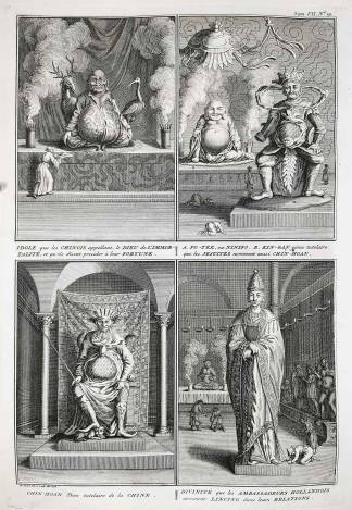 Idole que les Chinois appellant, le Dieu de L'Immor=Talite, et qui'ils disent presider a leur Fortune. A Fo-tek, ou Ninifo. B. Kin-gan genie tutelaire que les jesuites nomment aussi Chin-Hoan. Chin-hoan Dieu tutelaire de la Chine. Divinite que les Ambassadeurs Hollndois nomment Lincing dans leurs Relation. - Antique Print from 1789