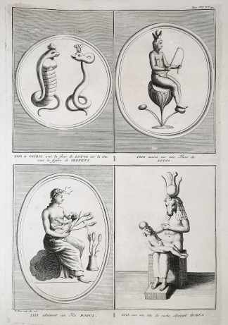 Isis & Osiris, avec la fleur de Lotos sur la tete sous la figure de Serpens. Isis assise sur une Fleur de Lotos. Isis allaitant son Fils Horus. Isis avec une tete de vache allaitant Horus. - Antique Print from 1789