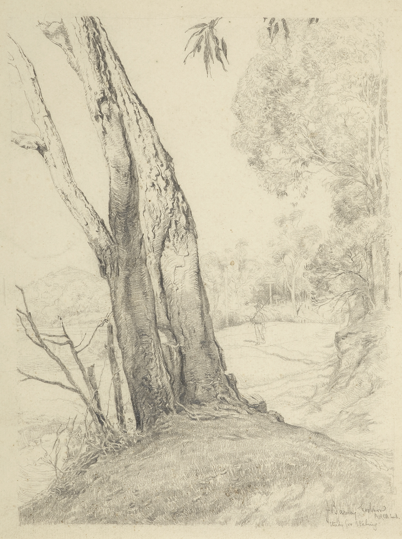 [Pencil drawing & etching] Bushrangers Hill, Pittwater - Vintage Print from 1925