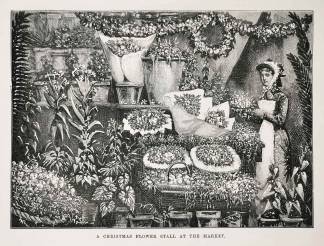 A christmas flower stall at the market. - Antique Print from 1879
