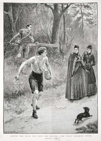 Laying the Trail for Hare and Hounds, the Hares breaking Cover. - Antique Print from 1893