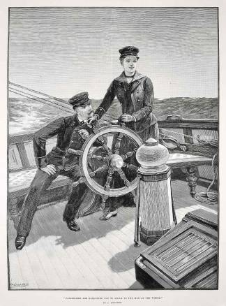 "Passengers are requested not to speak to the man at the wheel." - Antique Print from 1890