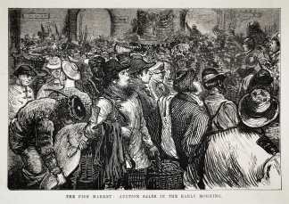 The fish market: auction sales in the early morning. - Antique Print from 1876