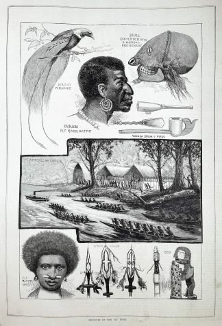 Sketches on the Fly River. - Antique Print from 1885