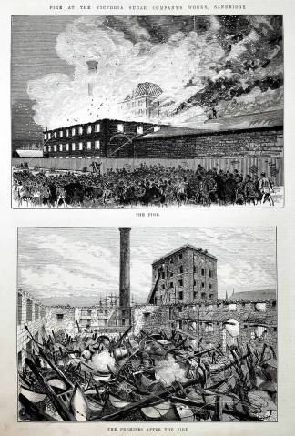 Fire at the Victoria Sugar Company's works, Sandridge. - Antique Print from 1875