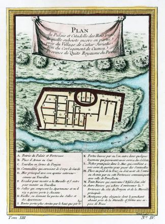 Plan du Palais et Citadelle des Rois Incas, la quelle subsiste encore en parties pres du Village de Canar Jurisdiction du Corregiment de Cuenca Province de Quito Royaume du Perou. - Antique Map from 1756