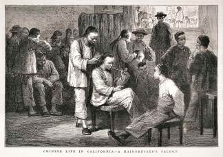 Chinese Life in California, a Hairdresser's Saloon. - Antique Print from 1879