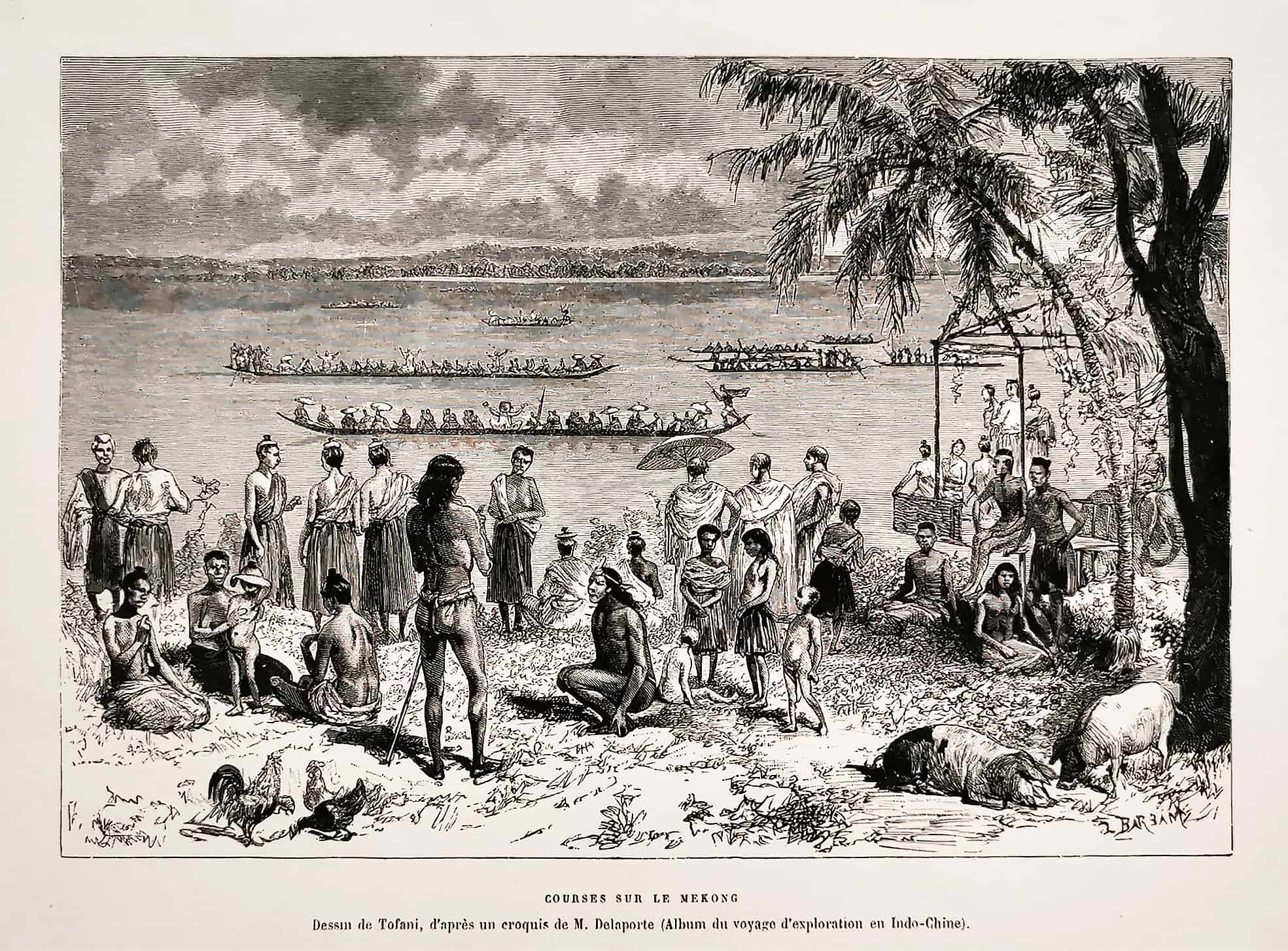 Courses sur le Mekong. - Antique Print from 1876