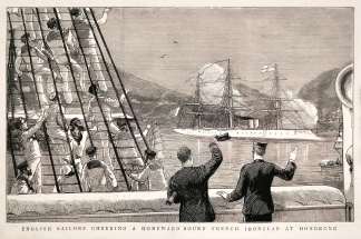English Sailors cheering a Homeward Bound French Ironclad at Hongkong. - Antique Print from 1887