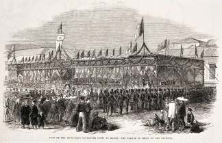 Visit of the Hong-Kong Volunteer Corps to Macao, the Parade in front of the Pavilion. - Antique Print from 1865