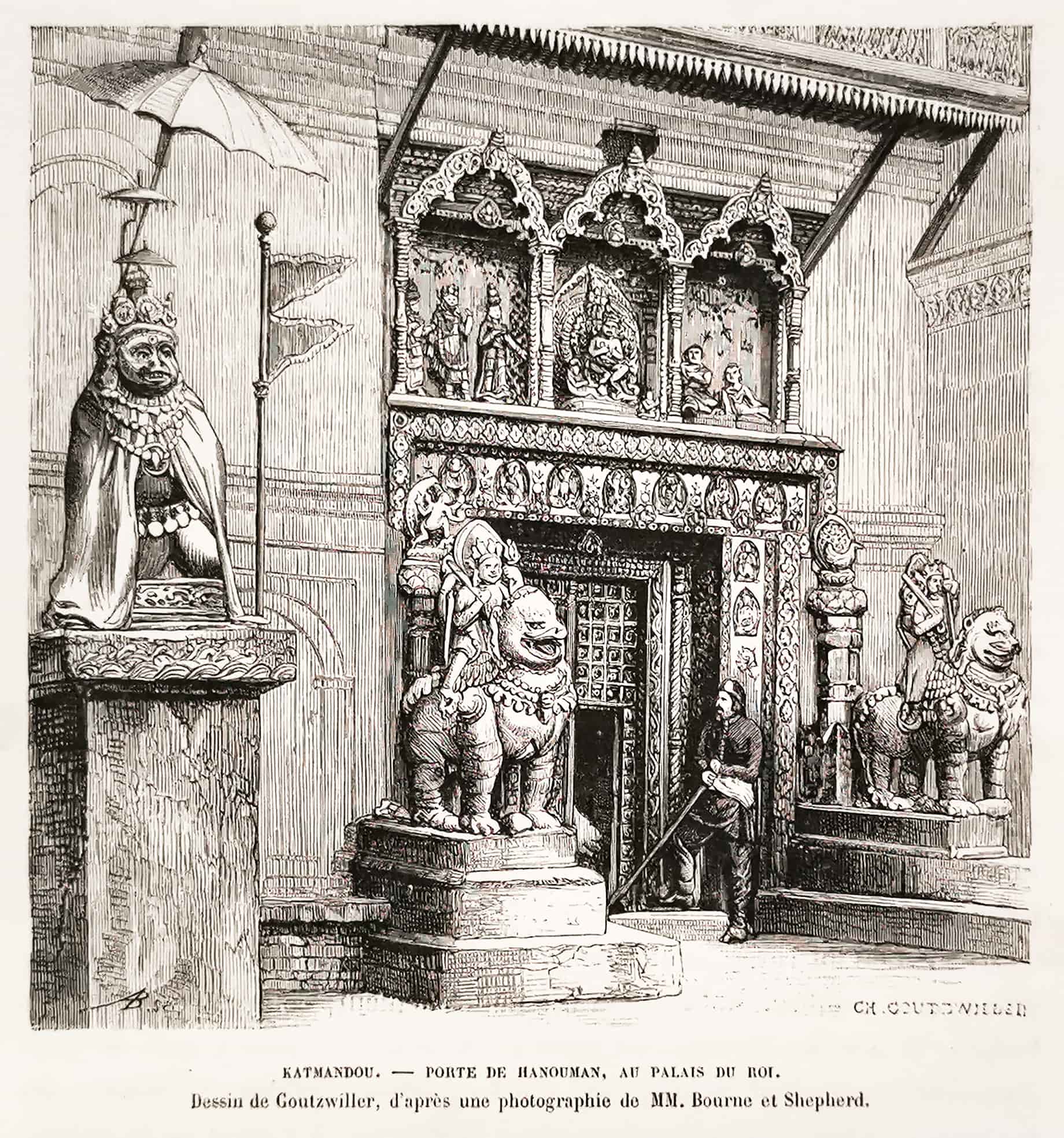 Katmandou. - Porte de Hanouman, au palais du roi. Dessin de Goutzwiller, d'apres une photographie de MM. Bourne et Shepherd. - Antique Print from 1876
