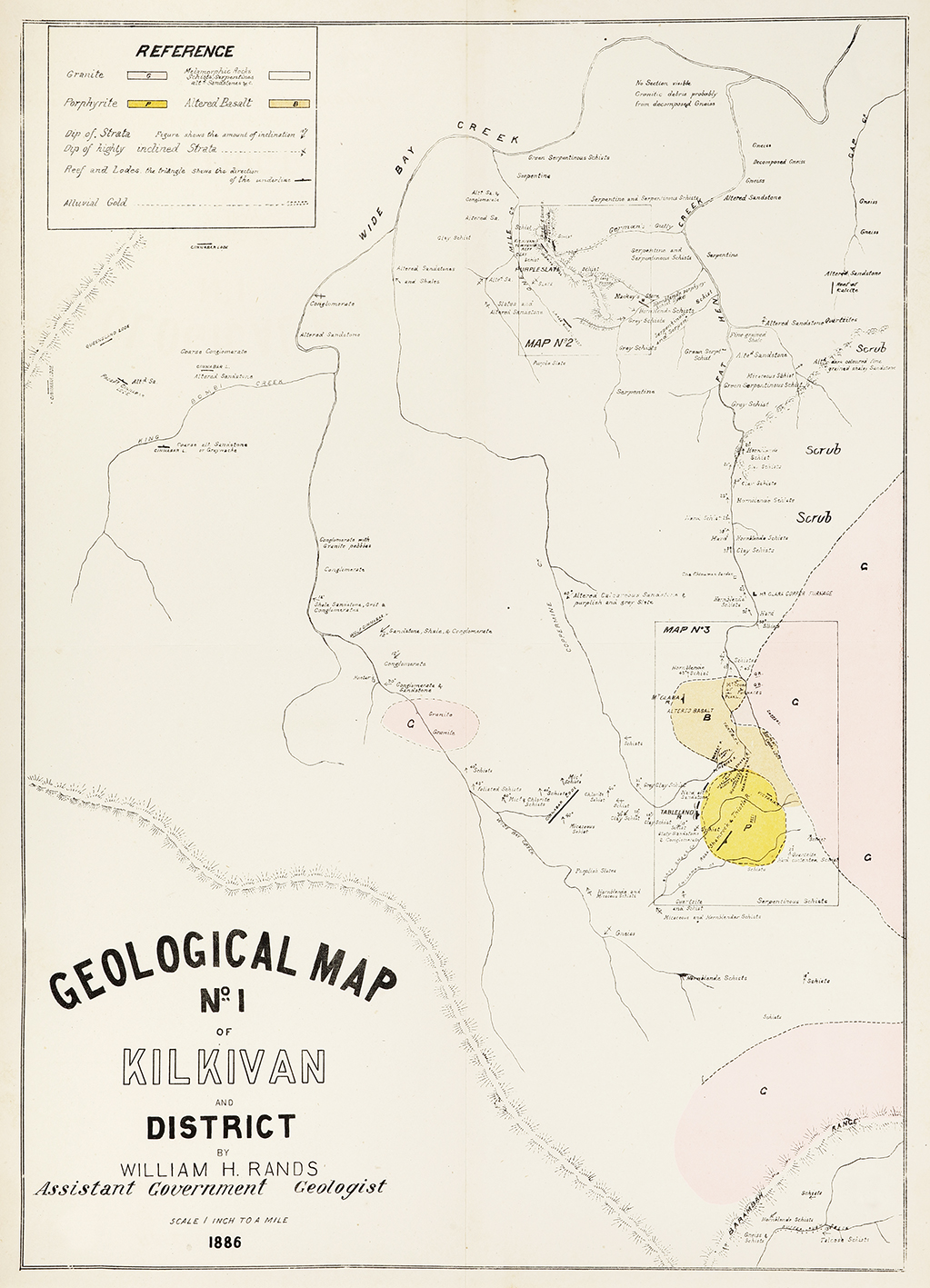 Geological Map No.1 of Kilkivan and District. Plan No.2 Kilkivan. Geological Map No.3 of the Black Snake District. - Antique Map from 1886