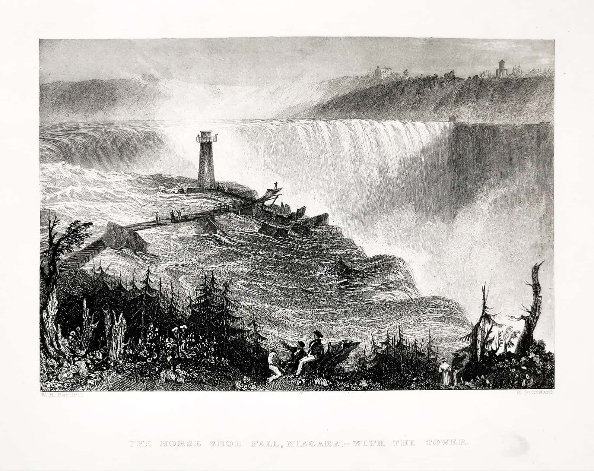 The Horse Shoe Fall, Niagara. - With the Tower. - Antique Print from 1845