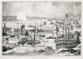 The Yachting Fever in New York, Excursion Steamers which follow the Racing. - Antique Print from 1901