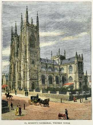 St. Andrew's Cathedral, Western Tower. - Antique View from 1886
